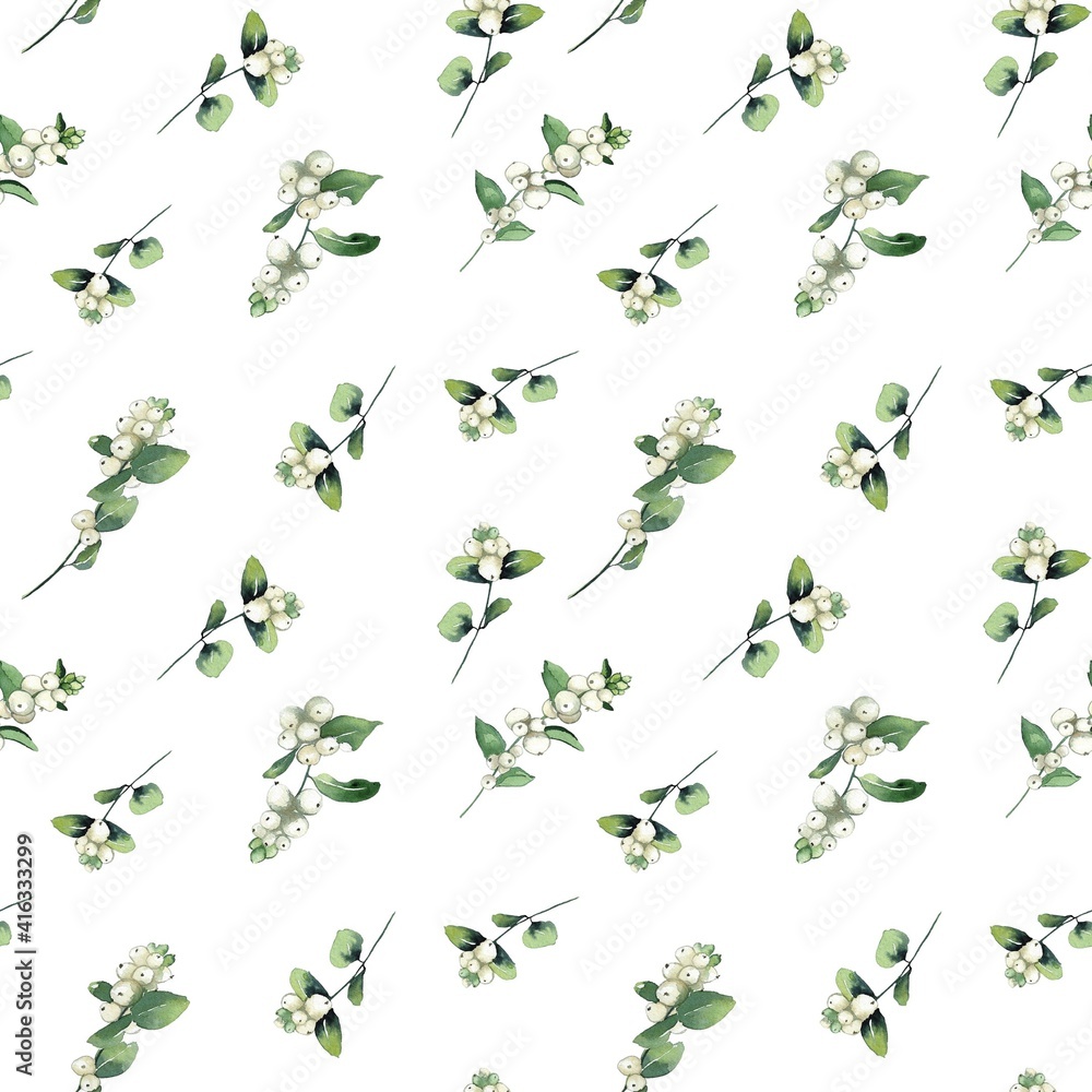 seamless pattern. Watercolor illustration, leaves and snowberries on white background. for printing, textiles, cards, invitation, wedding
