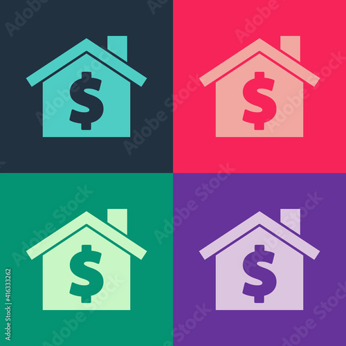 Pop art House with dollar symbol icon isolated on color background. Home and money. Real estate concept. Vector.
