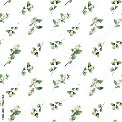 seamless pattern. Watercolor illustration, leaves and snowberries on white background. for printing, textiles, cards, invitation, wedding © Lilia