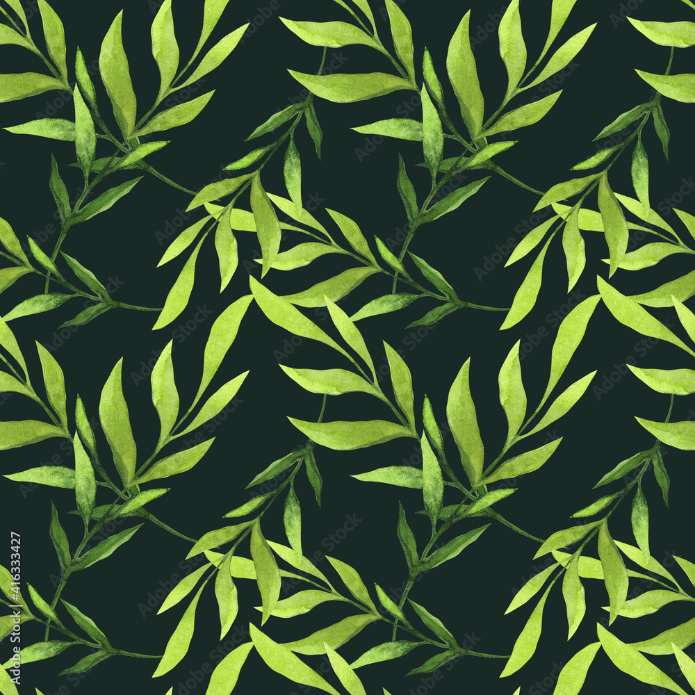 Watercolor seamless pattern. Light green leaves on dark background. Watercolor seamless pattern. Light green leaves on dark background.