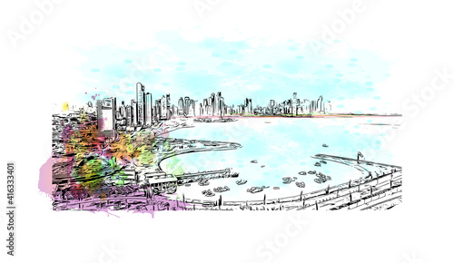 Building view with landmark of Panama is the
country in Central America. Watercolour splash with hand drawn sketch illustration in vector.