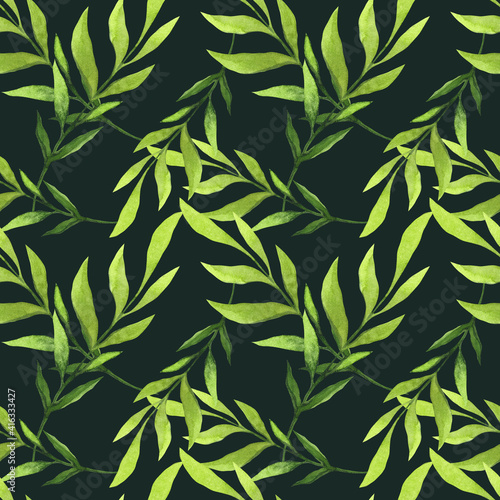 Watercolor seamless pattern. Light green leaves on dark background. 