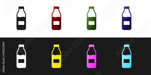 Set Closed glass bottle with milk icon isolated on black and white background. Vector.