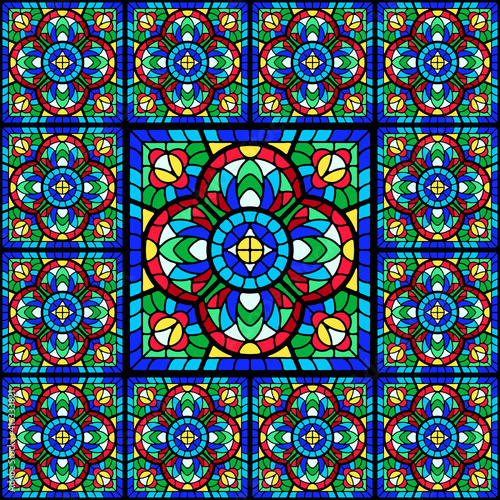 Stained-glass window with colored piece.