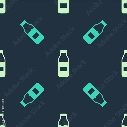 Green and beige Closed glass bottle with milk icon isolated seamless pattern on blue background. Vector.