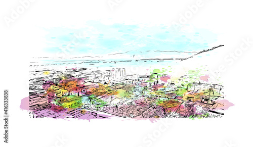 Building view with landmark of Panama is the
country in Central America. Watercolour splash with hand drawn sketch illustration in vector.