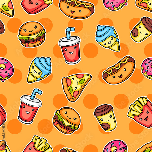 Seamless pattern with cute kawaii fast food meal.