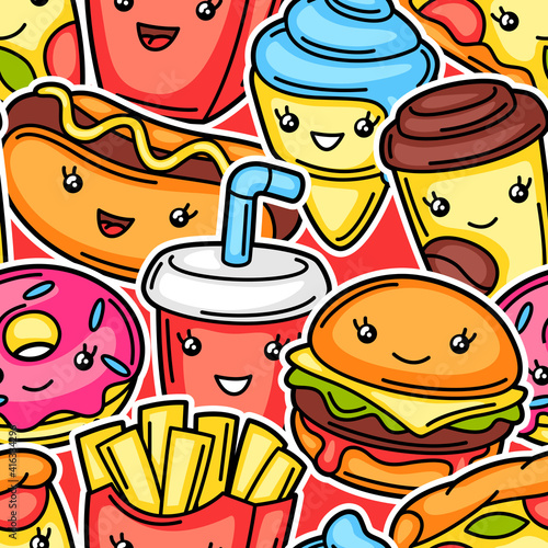Seamless pattern with cute kawaii fast food meal.