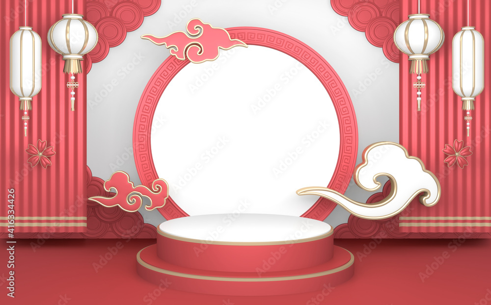 Japanese Pink podium show in pink color background japanese style.3D rendering Japanese Pink podium show in pink color background japanese style.3D rendering