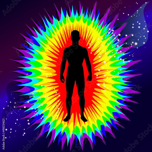The aura of the body. Rainbow color marked layers of the male body. Etheric, emotional, metallic, astral, celestial and causal layer. Isolated vector on black background