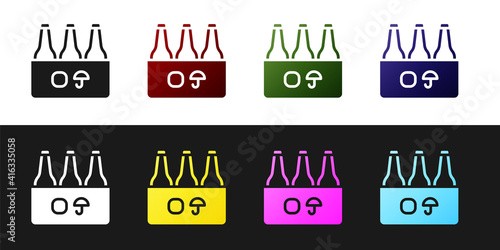 Set Pack of beer bottles icon isolated on black and white background. Case crate beer box sign. Vector.