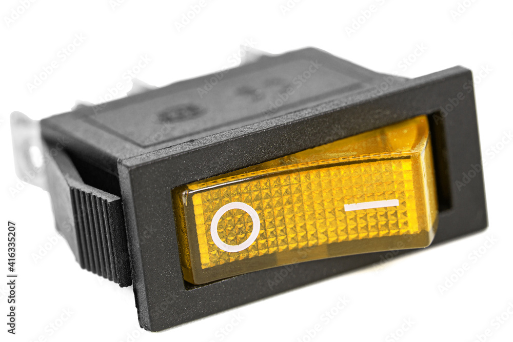 Yellow power switch at OF position, isolated on white background - obrazy, fototapety, plakaty 