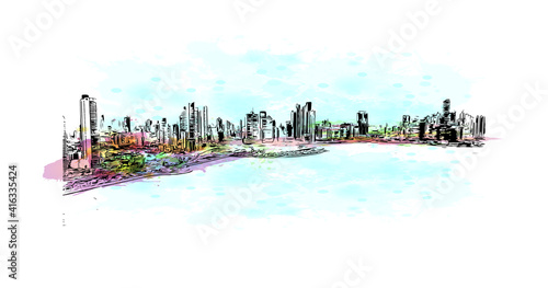 Building view with landmark of Panama is the
country in Central America. Watercolour splash with hand drawn sketch illustration in vector.