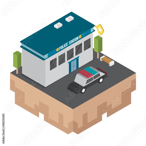 Police station building with police car. Building  isometric 3d style . Vector illustration.