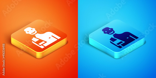 Isometric Man in the sauna icon isolated on orange and blue background. Vector.