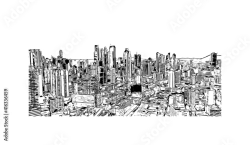 Building view with landmark of Panama is the
country in Central America. Hand drawn sketch illustration in vector.
