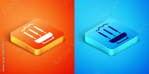 Isometric Burning aromatic incense sticks icon isolated on orange and blue background. Vector.