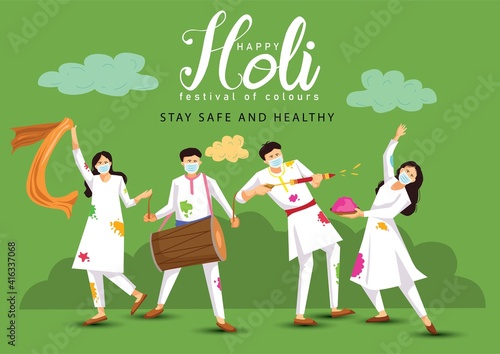 happy Holi. Cartoon Young people Playing Holi On White costume . vector illustration design. covid-19 corona virus concept