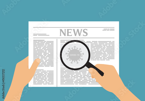 Flat design illustration of a man or woman's hand holding a newspaper with an article about covid-19 and a pandemic. Magnifier and virus image, vector