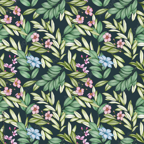 Hand drawn seamless pattern with spring flowers on dark background