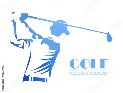 Golf player vector logo, abstract blue. Silhouette of a golf player. Vector illustration