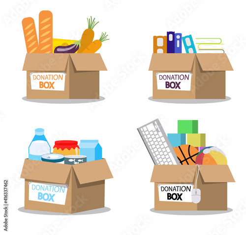 Illustration of Boxes Full of Things for Donation. Colorful charity cardboard for donating help homeless and support needy isolated on white