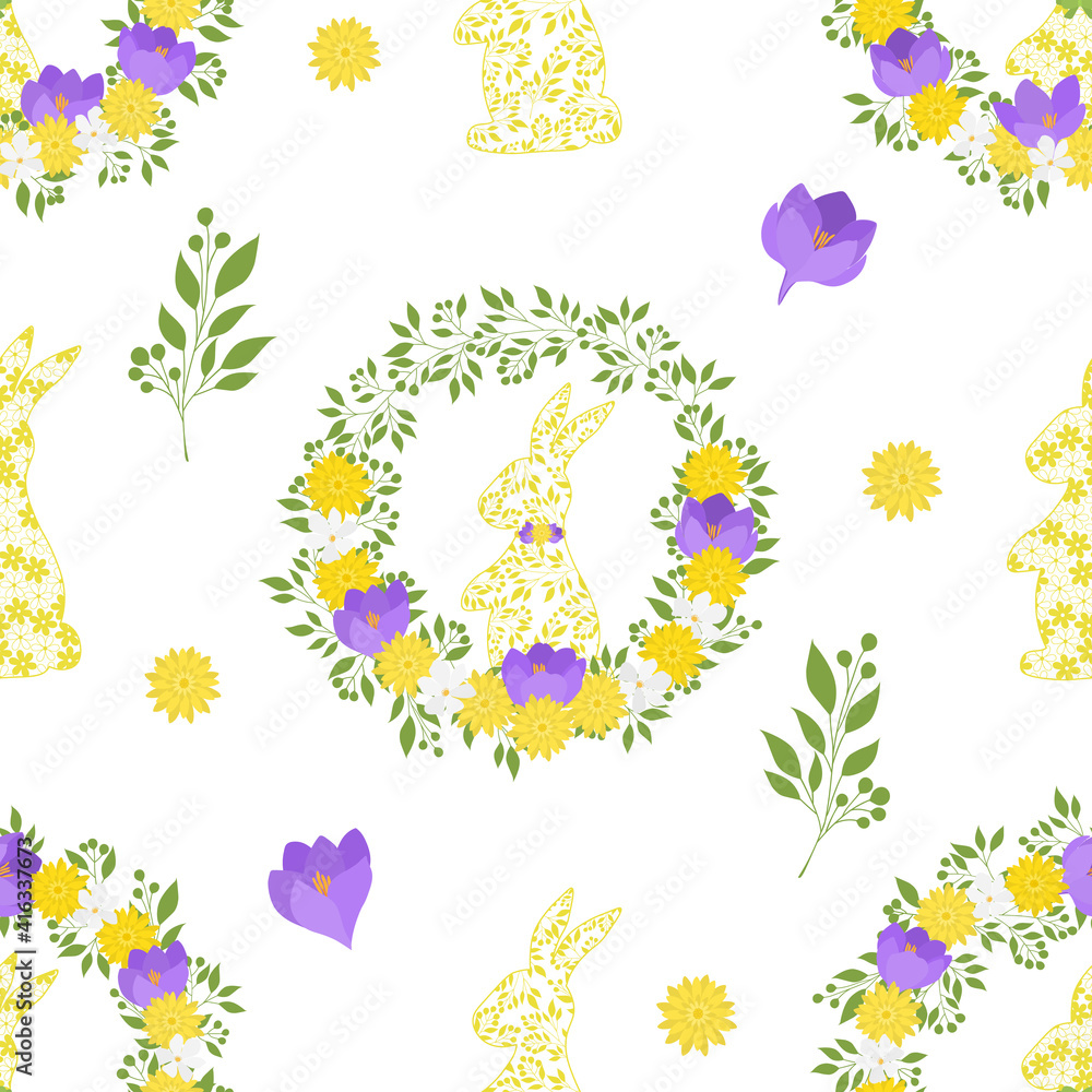 Seamless pattern easter bunny silhouette and flowers decor vector illustration Seamless pattern easter bunny silhouette and flowers decor vector illustration