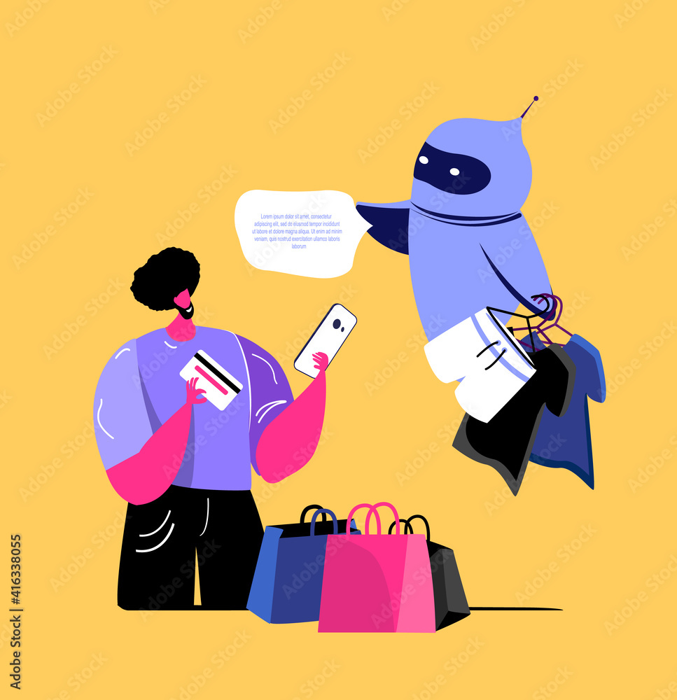 Young african man Shopping Online with help of Digital virtual Chatbot Cyber Robot. Sale consumerism concept using smartphone Chat bot and future marketing Dialog help service Flat vector illustration