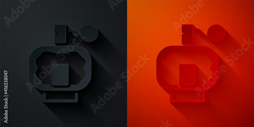 Paper cut Aftershave icon isolated on black and red background. Cologne spray icon. Male perfume bottle. Paper art style. Vector.