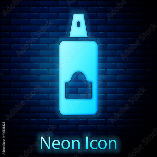 Glowing neon Spray can for hairspray, deodorant, antiperspirant icon isolated on brick wall background. Vector.