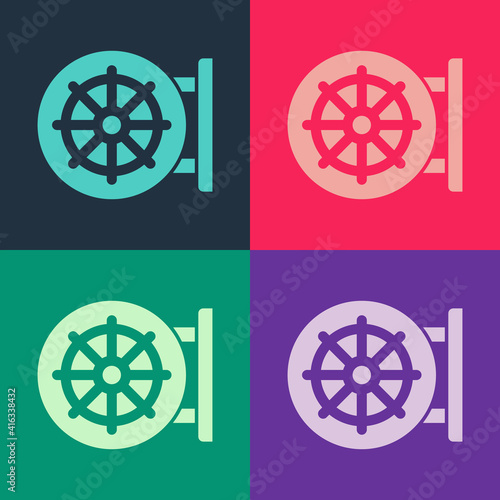 Pop art Dharma wheel icon isolated on color background. Buddhism religion sign. Dharmachakra symbol. Vector.