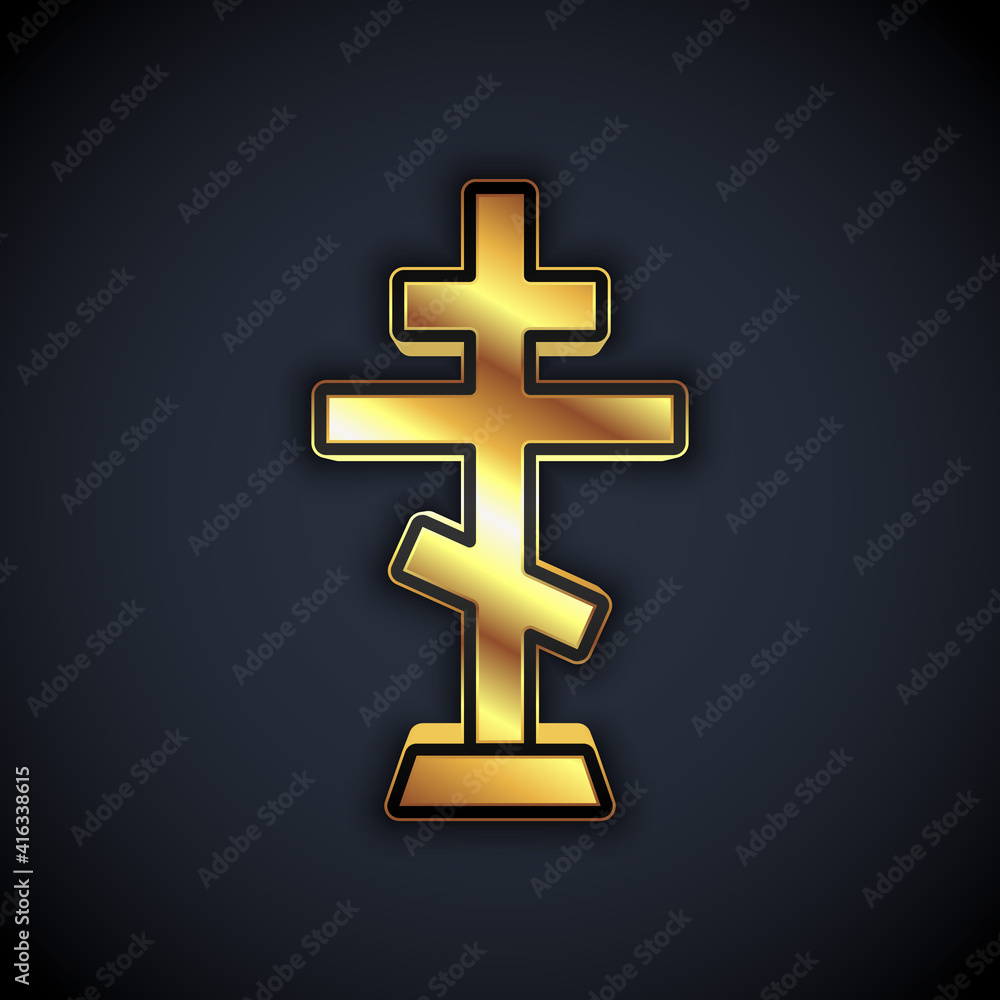Obraz premium Gold Christian cross icon isolated on black background. Church cross. Vector.