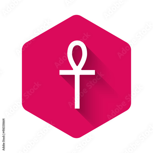 White Cross ankh icon isolated with long shadow background. Pink hexagon button. Vector.