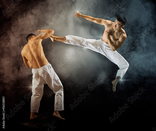 Two martial arts masters, karate practice. Two image of the same model