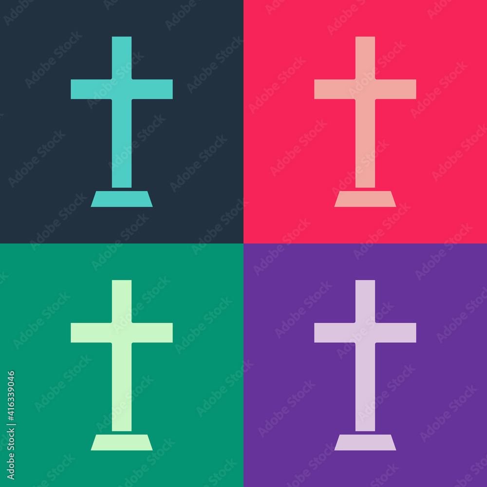 Pop art Christian cross icon isolated on color background. Church cross. Vector.