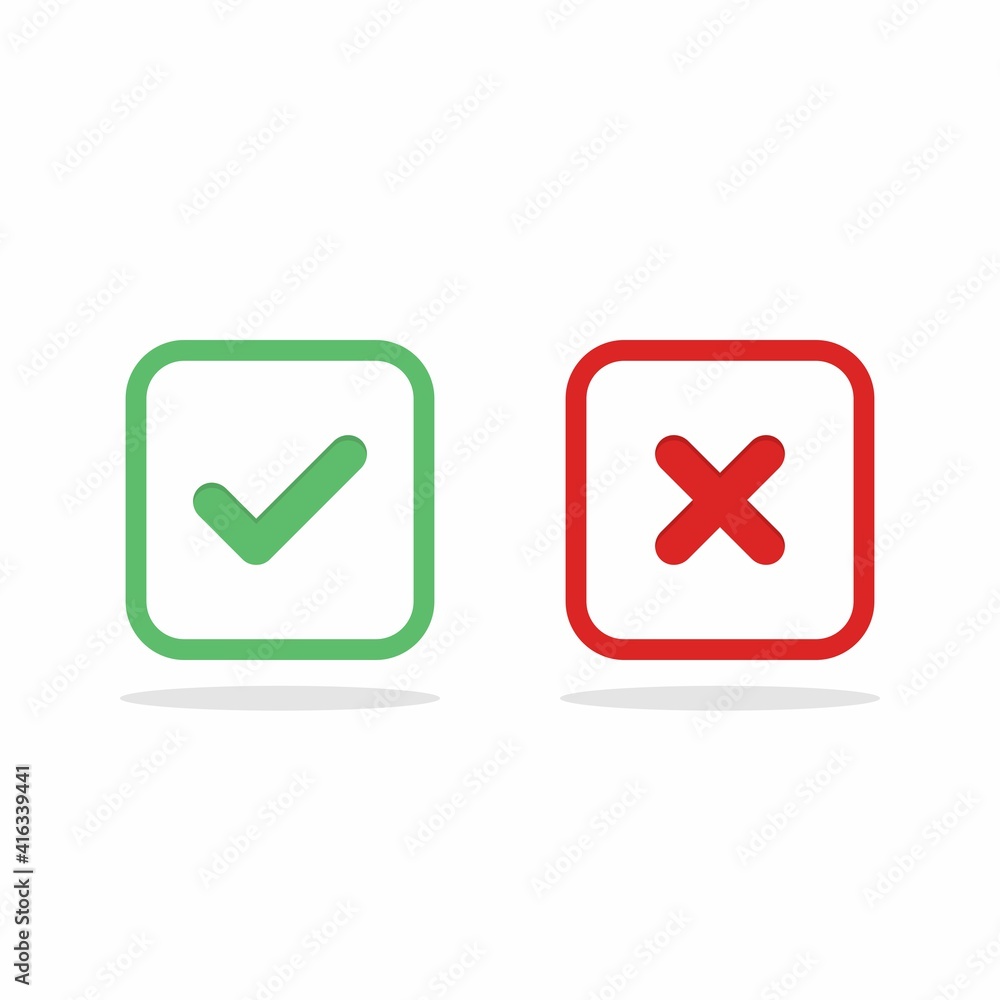 Check and wrong marks, Tick and cross marks, Accepted/Rejected, Approved/Disapproved, Yes/No, Right/Wrong, Green/Red, Correct/False, Ok/Not Ok - vector mark symbols in green and red. Isolated icon. Check and wrong marks, Tick and cross marks, Accepted/Rejected, Approved/Disapproved, Yes/No, Right/Wrong, Green/Red, Correct/False, Ok/Not Ok - vector mark symbols in green and red. Isolated icon.