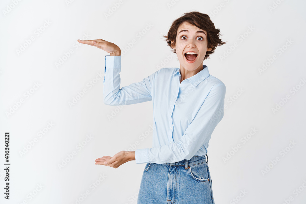 Amazed young woman in professional clothing, showing big size object and look astounded, impressed with amount, shaping large box, standing on white background Amazed young woman in professional clothing, showing big size object and look astounded, impressed with amount, shaping large box, standing on white background