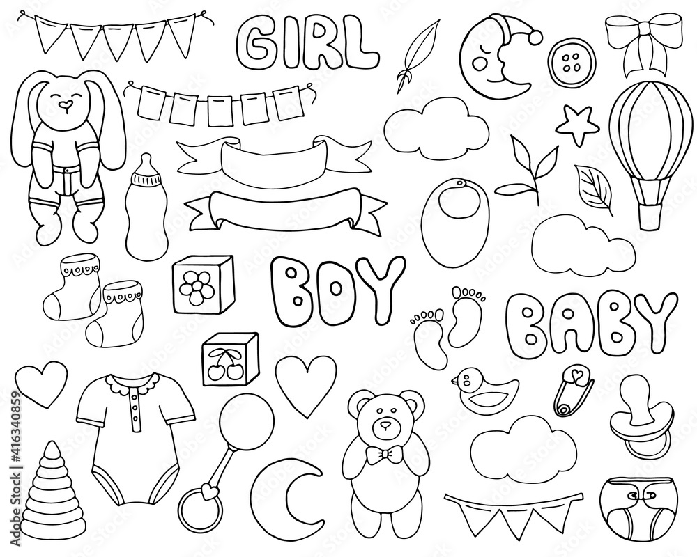 Children's doodle set. Images for the design of children's postcards, invitations, posters, stickers.