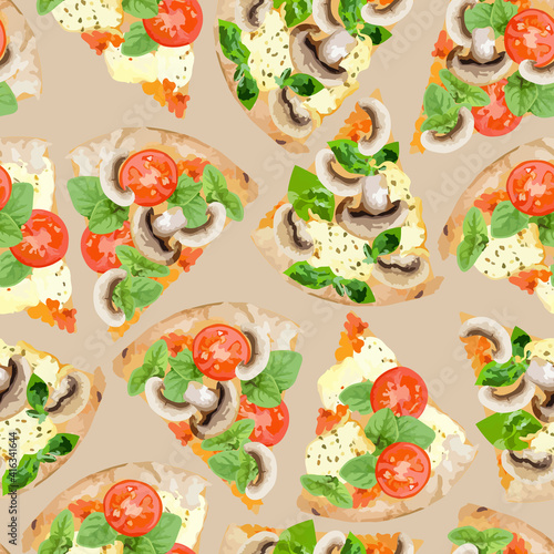 Seamless pattern with pizza slices. Tomatoes, mushrooms, salmon, mozzarella cheese and herbs. Vector print