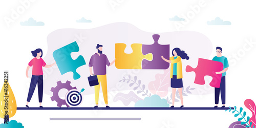 Business teamwork, horizontal banner. Businesspeople holds puzzle parts. Successful negotiations. Development of new project, collaboration.