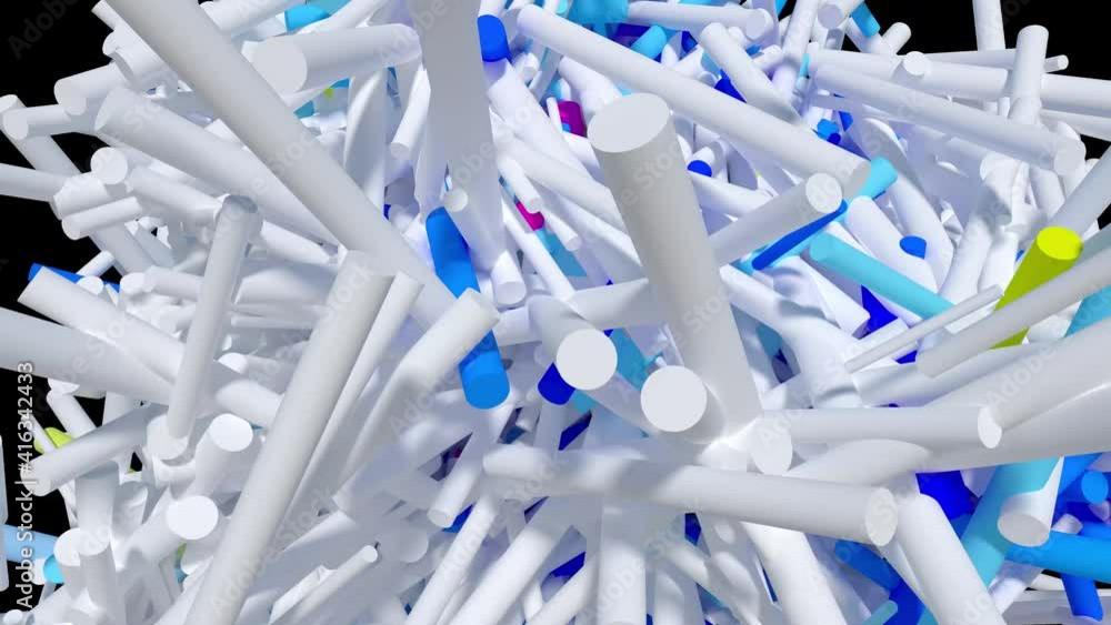 3d render video animation of abstract art with white random chaotic growing cylinders and some of them in blue purple green and yellow multi-color on isolated black background