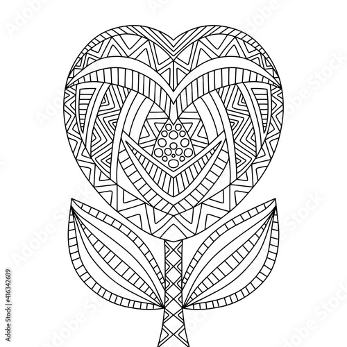 Heart-shaped flower symmetry coloring page for kids and adults vector. Funny ornamental floral black outline white isolated illustration. Romantic detailed zen art flower spring colouring book page