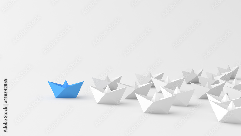 Leadership concept, blue leader boat leading white boats, on white background with empty copy space. 3D Rendering