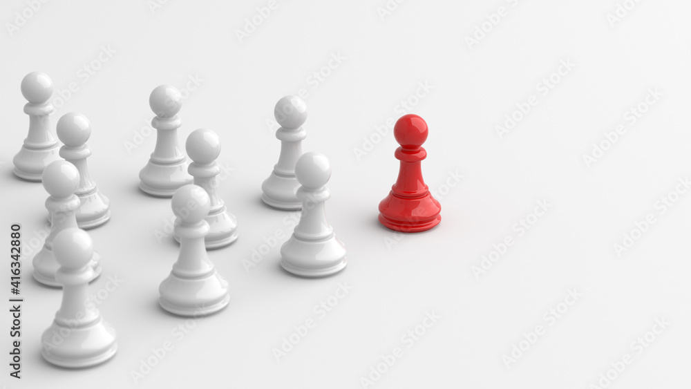 Leadership concept, red pawn of chess, standing out from the crowd of white pawns, on white background with empty copy space. 3D Rendering Leadership concept, red pawn of chess, standing out from the crowd of white pawns, on white background with empty copy space. 3D Rendering