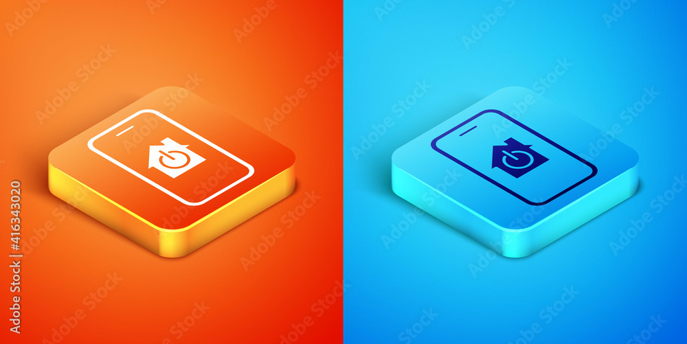 Isometric Mobile phone with smart home icon isolated on orange and blue background. Remote control. Vector. Isometric Mobile phone with smart home icon isolated on orange and blue background. Remote control. Vector.