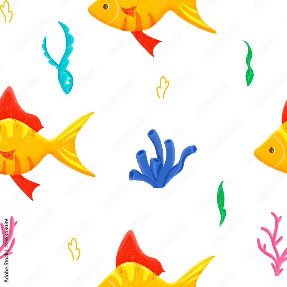 Seamless pattern with colorful cartoon fishes. Hand-drawn cartoon sea elements. Sea life.
