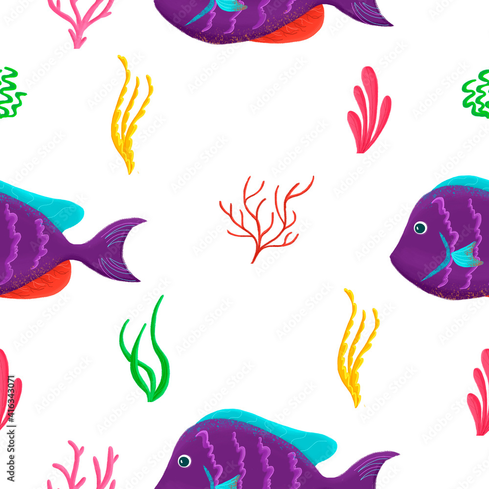 Seamless pattern with colorful cartoon fishes. Hand-drawn cartoon sea elements. Sea life.
Seamless pattern with colorful cartoon fishes. Hand-drawn cartoon sea elements. Sea life.