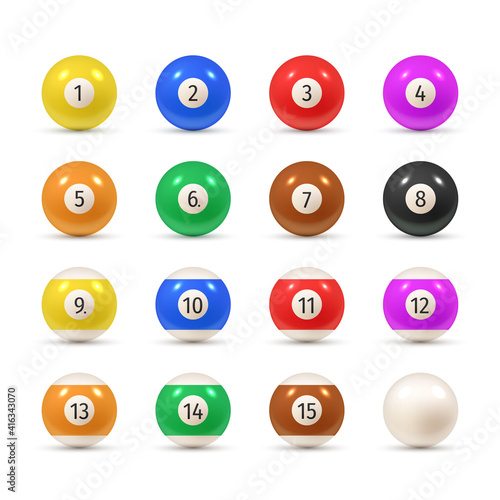 Balls for billiards varicolored realistic set. American pool, snooker numbered equipment.