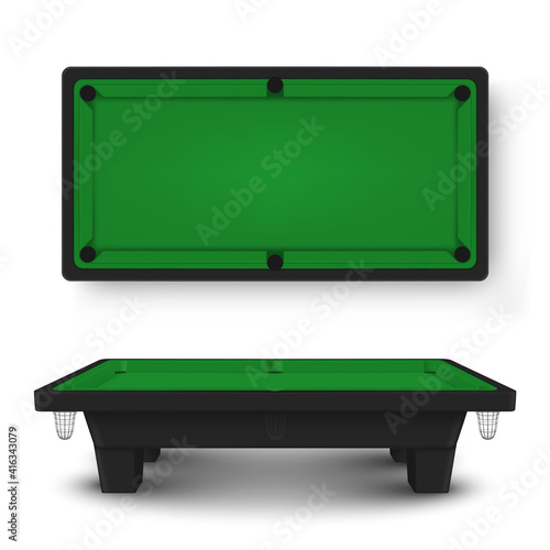 Billiard, snooker or pool table on which cue sports are played. Equipment for game.