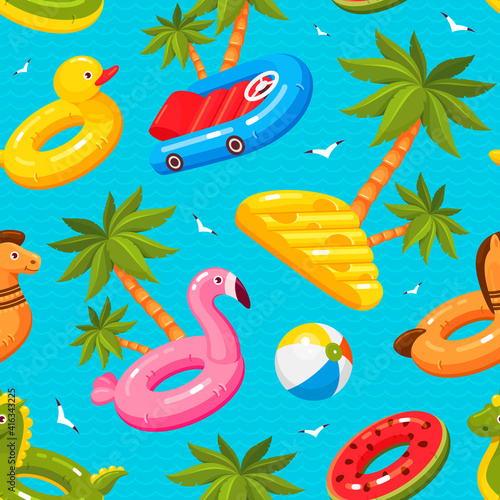 Swimming summer seamless pattern with palm trees, seagulls, inflatable rings.